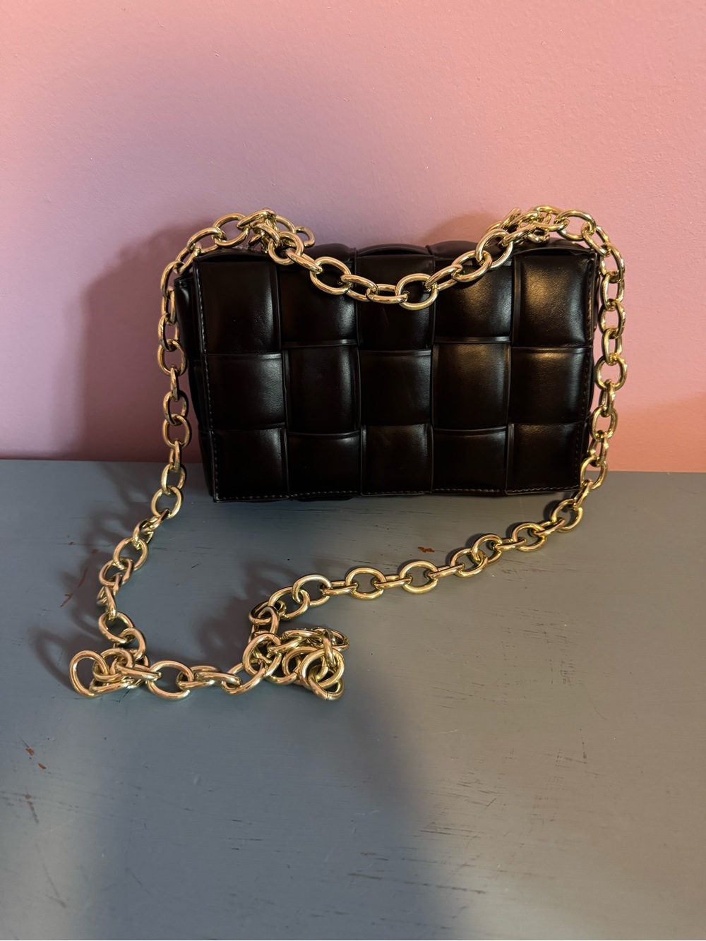 Black Quilted Crossbody Bag with Gold Chain Strap